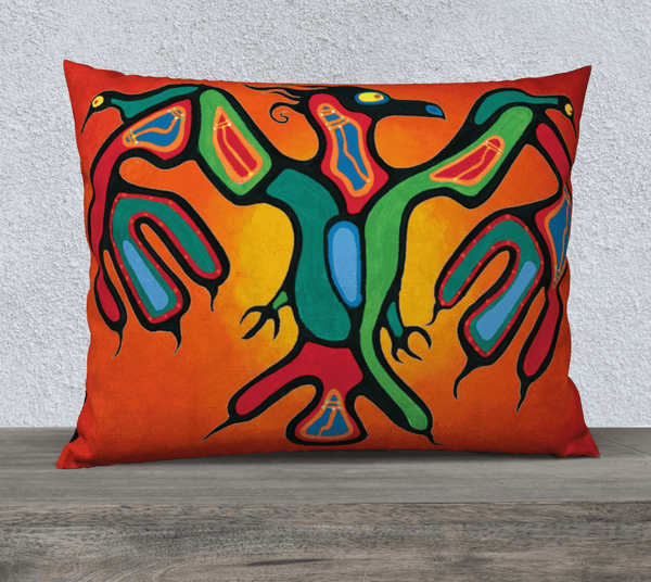 Rectangular art-printed pillow with image of multicolored thunderbird on orange background