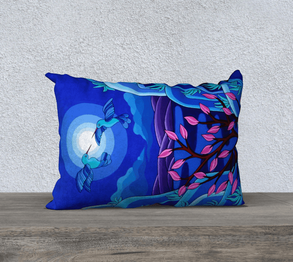 Rectangular art-printed pillow, blue, with pink, with image of two birds in flight.