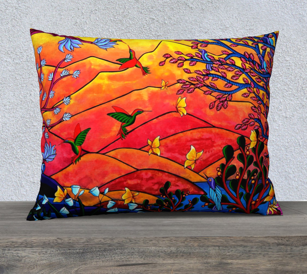 Rectangular art-printed pillow, orange with humming birds and butterflies.