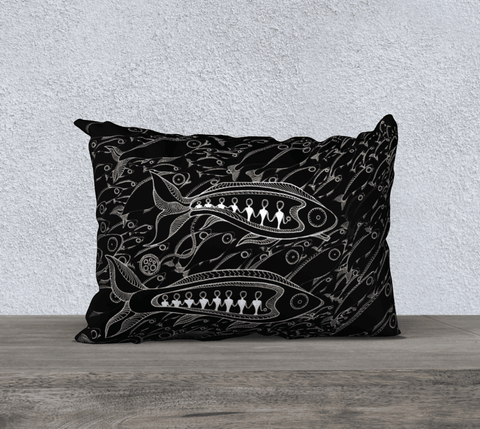 Rectangular, black and white art-printed pillow with images of fish.