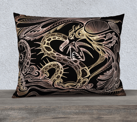 Rectangular art-printed pillow depicting a snake and a bidr.