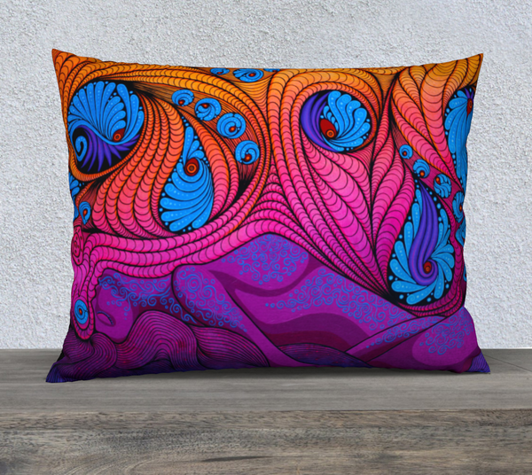 Rectangular art-printed pillow with a female figure, pink, orange, purple and blue colors.