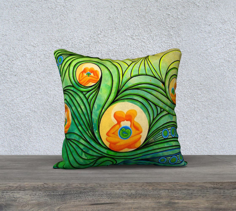 Square art-printed pillow, green and yellow.