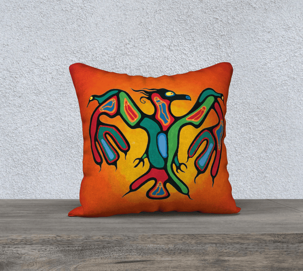 Square art-printed pillow with image of a multicolored bird on orange/yellow background.
