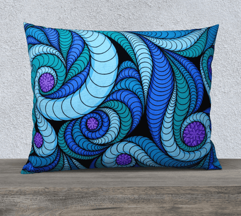 Rectangular art-printed pillow, blue, turquoise, purple and black flowy design.  