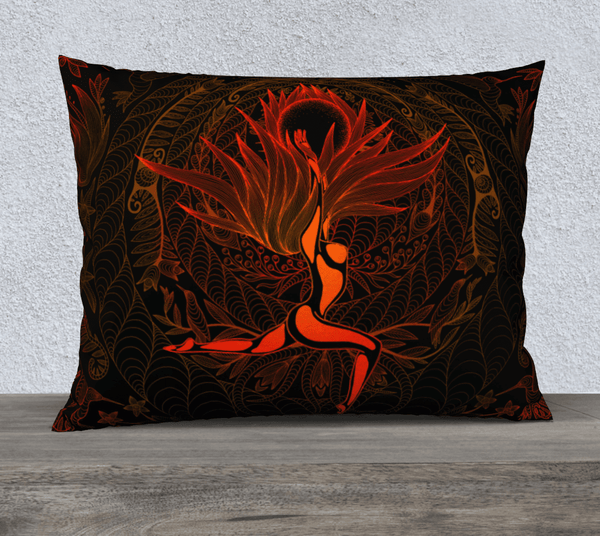 Rectangular art-printed pillow, brown, black, red and orange colors, with image of a woman with long hair.