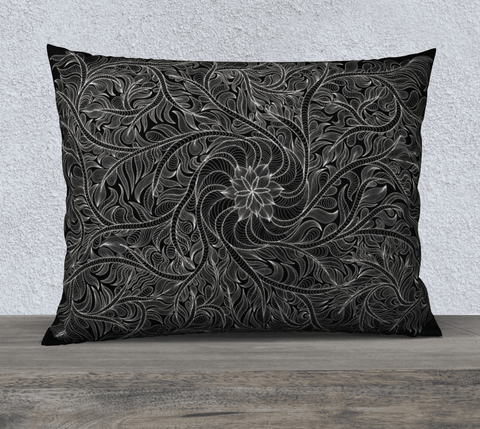 Rectangular art-printed pillow, black with white intricate design. 