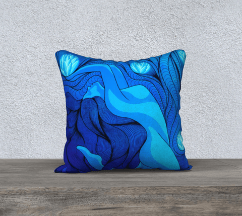 Square blue art-printed pillow with image of a nude woman holding a flower