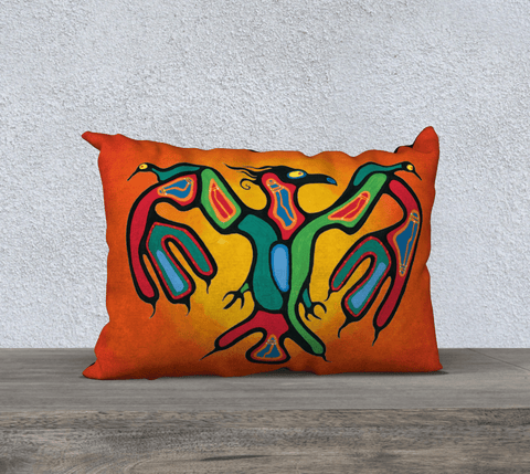 Rectangular art-printed pillow, with multicolored bird on orange/yellow background.