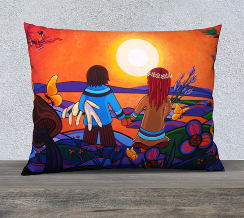Rectangular art-printed pillow, with image of a boy and girl holding hands. Orange background, multicolored. 