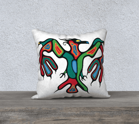 Square art-printed pillow with image of a multicolored bird on white background.