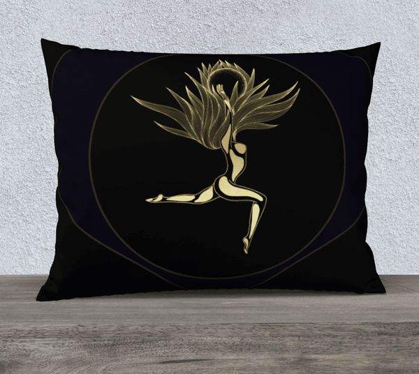 Rectangular art-printed pillow, black, with a female figure inside a circle.