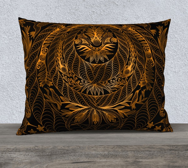Rectangular art-printed pillow with a golden/yellow/orange design on black background.