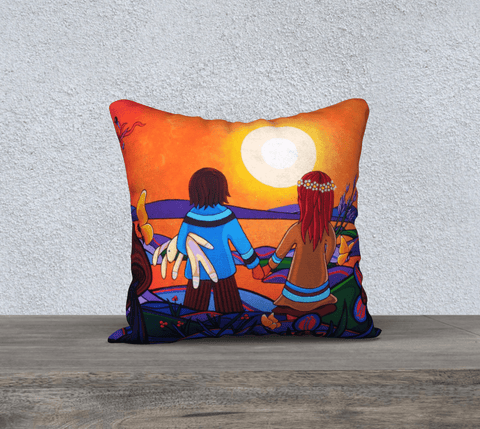 Square art-printed pillow with image of a boy and girl holding hands