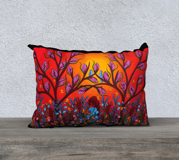 Rectangular art-printed pillow with the image of flowers, a girl and two blue birds. Multicolored.
