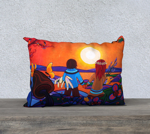 Rectangular art-printed pillow with image of a boy and girl holding hands, multicolored.