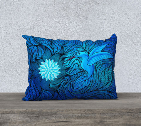 Rectangular blue art-printed pillow with image of a bird and a flower.