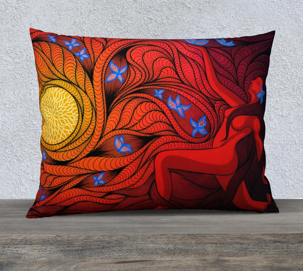 rectangular red art-printed pillow , with silhouette of a woman, yellow patterned circle and blue butterflies.  