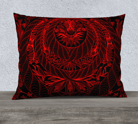 Rectangular art-printed pillow, black background with red intricate design. 