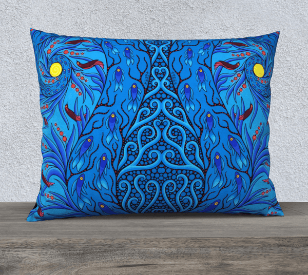 Rectangular blue, art-printed pillow with symmetrical design with birds and fish.