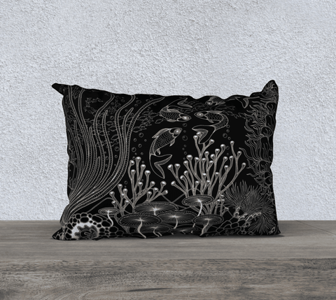 Rectangular, black and white art-printed pillow with images of plants and fish.