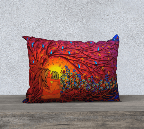 Rectangular art-printed pillow, multicolored, with image of two people kissing under a tree, flowers and birds.