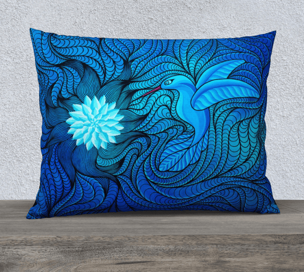 Rectangular blue, art-printed pillow with image of a bird and a flower