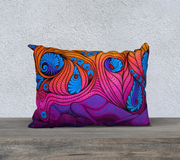 Rectangular art-printed pillow, pink, orange and blue, with silhouette of a woman.