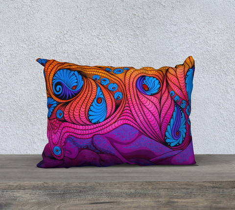Rectangular art-printed pillow, pink, orange and blue, with silhouette of a woman.