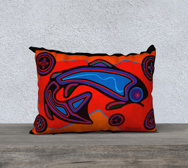 Rectangular art-printed pillow , red, orange, blue and black, with image of a fish.