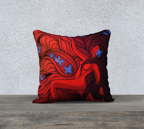 Square red art-printed pillow with image of a woman and blue butterflies.