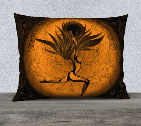 Rectangular art-printed pillow, brown, black, yellow colors, with image of a woman with long hair.