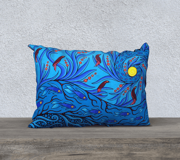 Rectangular art-printed pillow, blue, with images of birds and fish.