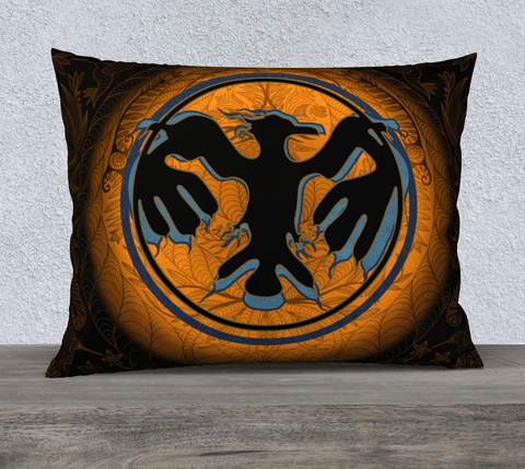 Rectangular art-printed pillow, brown, yellow, black and blue design with an image of a thunderbird in a circle.