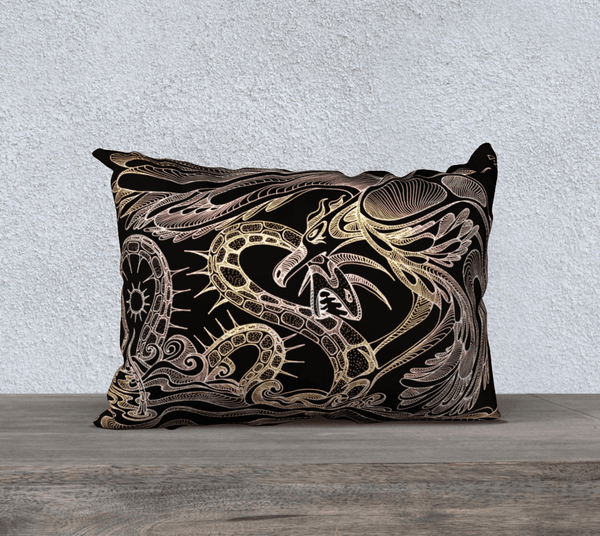 Rectangular art-printed pillow with image of a bird and a snake, black background, white and yellow lines.