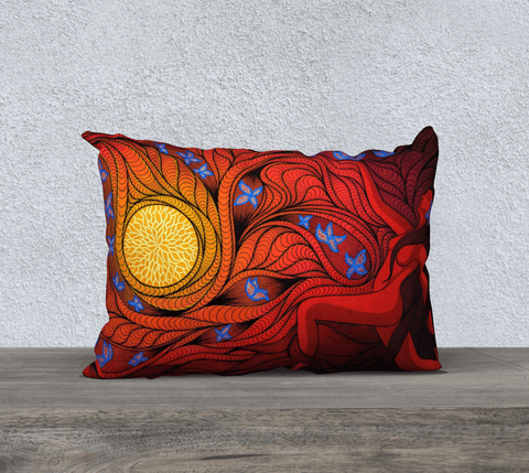 Rectangular red, art-printed pillow, with silhouette of a woman with blue butterflies. 