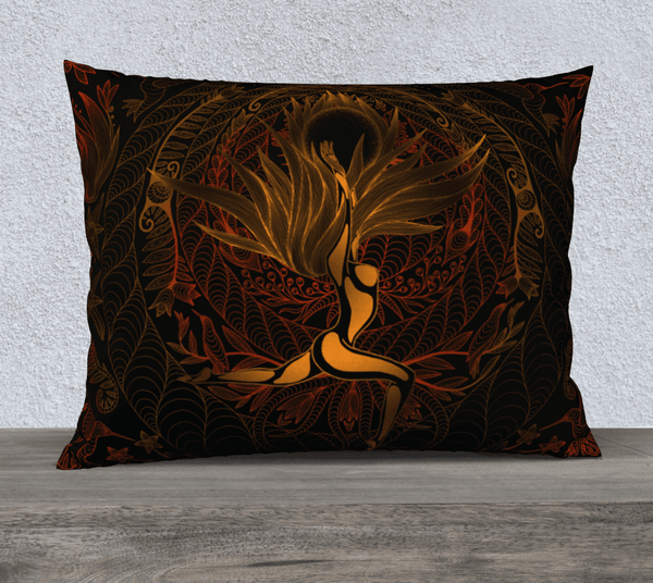 Rectangular art-printed pillow, brown, black, yellow colors, with image of a woman with long hair.