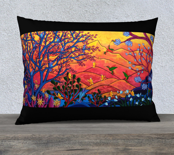 Rectangular art-printed pillow, multicolored with black borders on top and bottom. 
