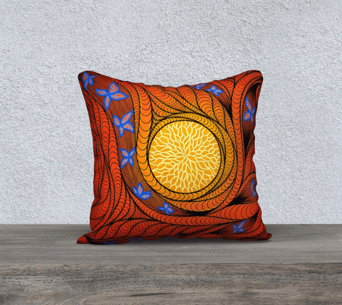 Square art-printed pillow, yellow, orange, red colors and blue butterflies.