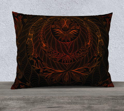 Rectangular art-printed pillow, black with red, brown and orange intricate design.