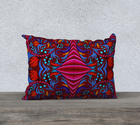 Rectangular, art-printed pillow, dark red with some blue, and yellow. 