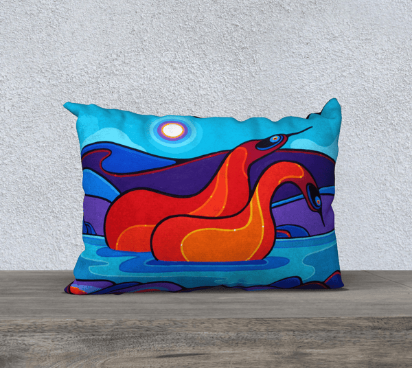 Rectangular art-printed pillow with image of red/orange birds swimming, with blue/purple background.