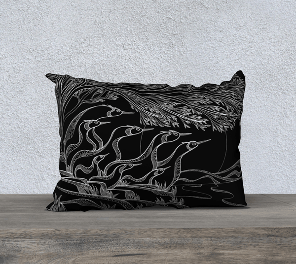 Rectangular black and white, art-printed pillow with images of birds sitting under a tree. 