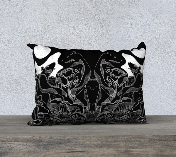 Rectangular, black and white, art-printed pillow with images of bears and fish.