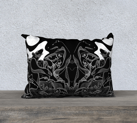 Rectangular, black and white, art-printed pillow with images of bears and fish.