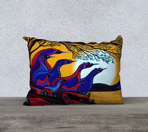 Rectangular multicolored  , art-printed pillow with images of birds sitting under a tree.