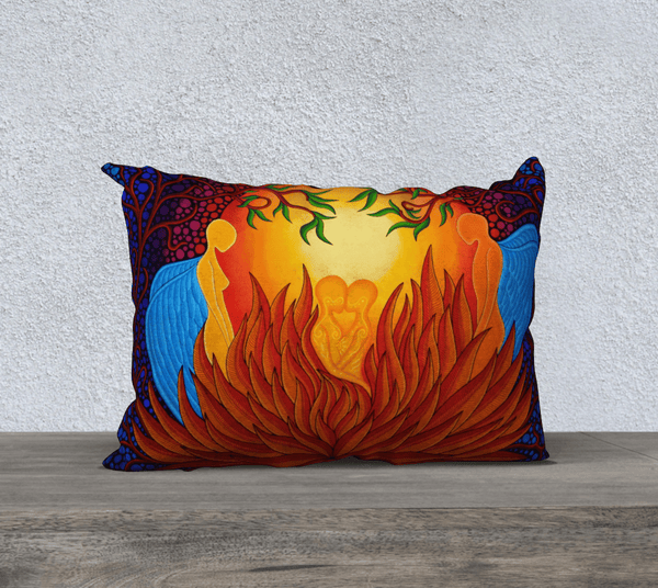 Rectangular art-printed pillow, multicolored, with images of people and foliage. 