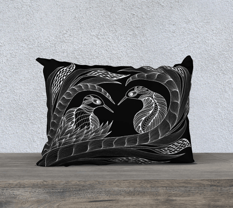 Rectangular art-printed pillow, black and white, with image of two birds.