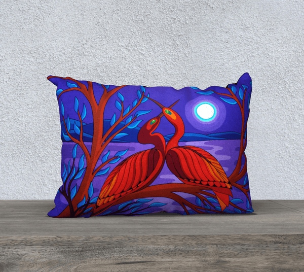 Rectangular art-printed pillow, purple background with two red birds in foreground.