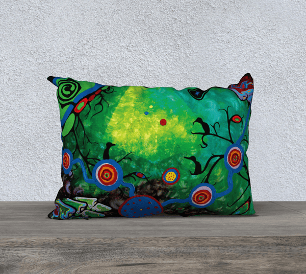 Rectangular art-printed pillow, green with multicolore designs and black birds.